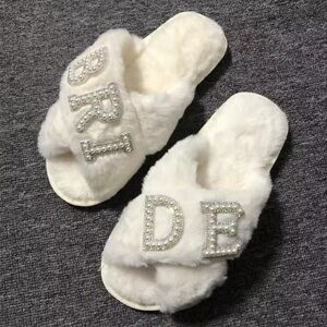 New! BRIDE Fluffy Plush Crossband slippers w/ Rhinestones&Pearl sz 38-39 (sz8)